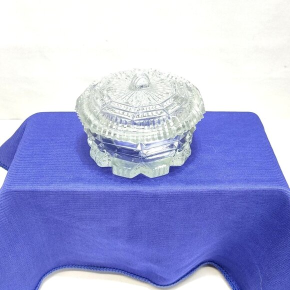 L.E. Smith Trinket Powder Box Pressed Glass Octagonal Design Clear Glass Vintage - Picture 1 of 13